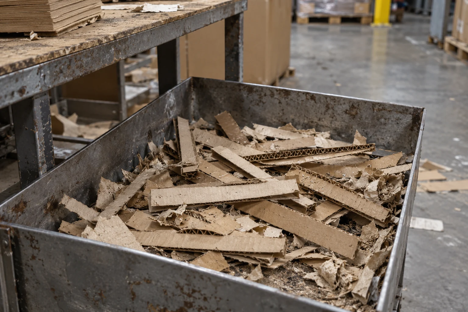 Loose corrugated offcuts and fibers in a shallow metal tray
