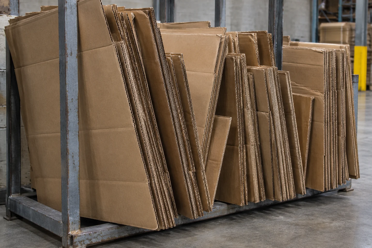 Flattened used corrugated cartons in a material sorting bay