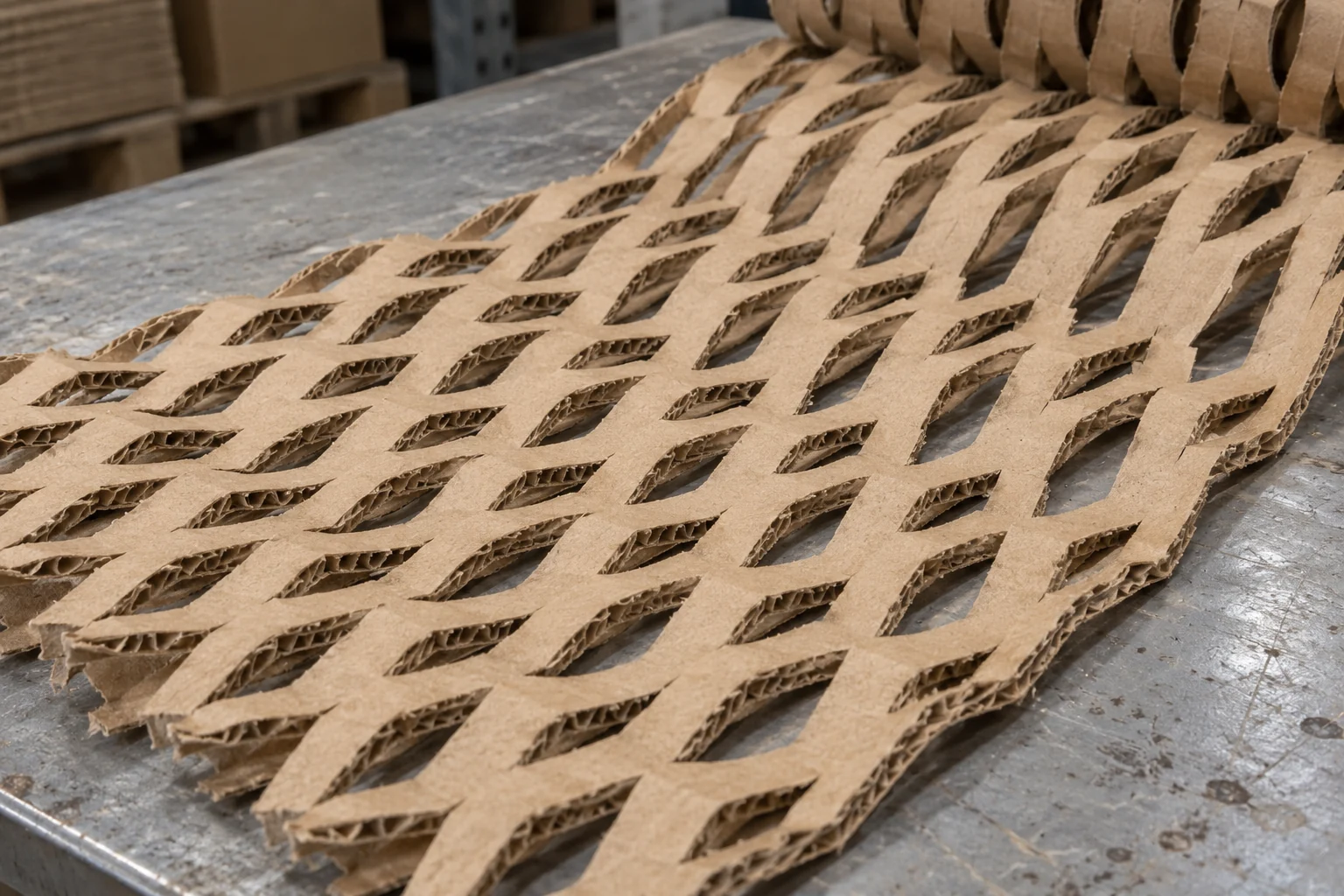 Expanded corrugated cardboard showing the connected structure of a perforated mat